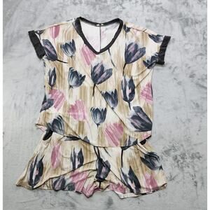 Egs by Eloges Shorts Set Womens 1XL Charcoal Pink Tulip Floral 2‎ PC V-Neck Top
